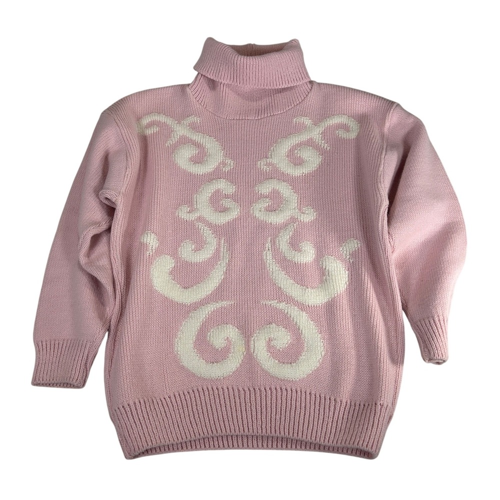 Vintage Worthington Pink Intarsia Scroll Turtleneck Sweater Large USA Made 90s
